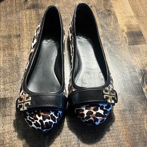 Tory Burch Black and Brown Animal Print Flats